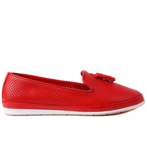Estile - Hakiki Deri Kırmızı Rengi Püsküllü Kadın Ayakkabı