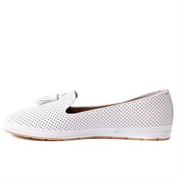 Estile - Hakiki Deri Beyaz Rengi Püsküllü Kadın Ayakkabı
